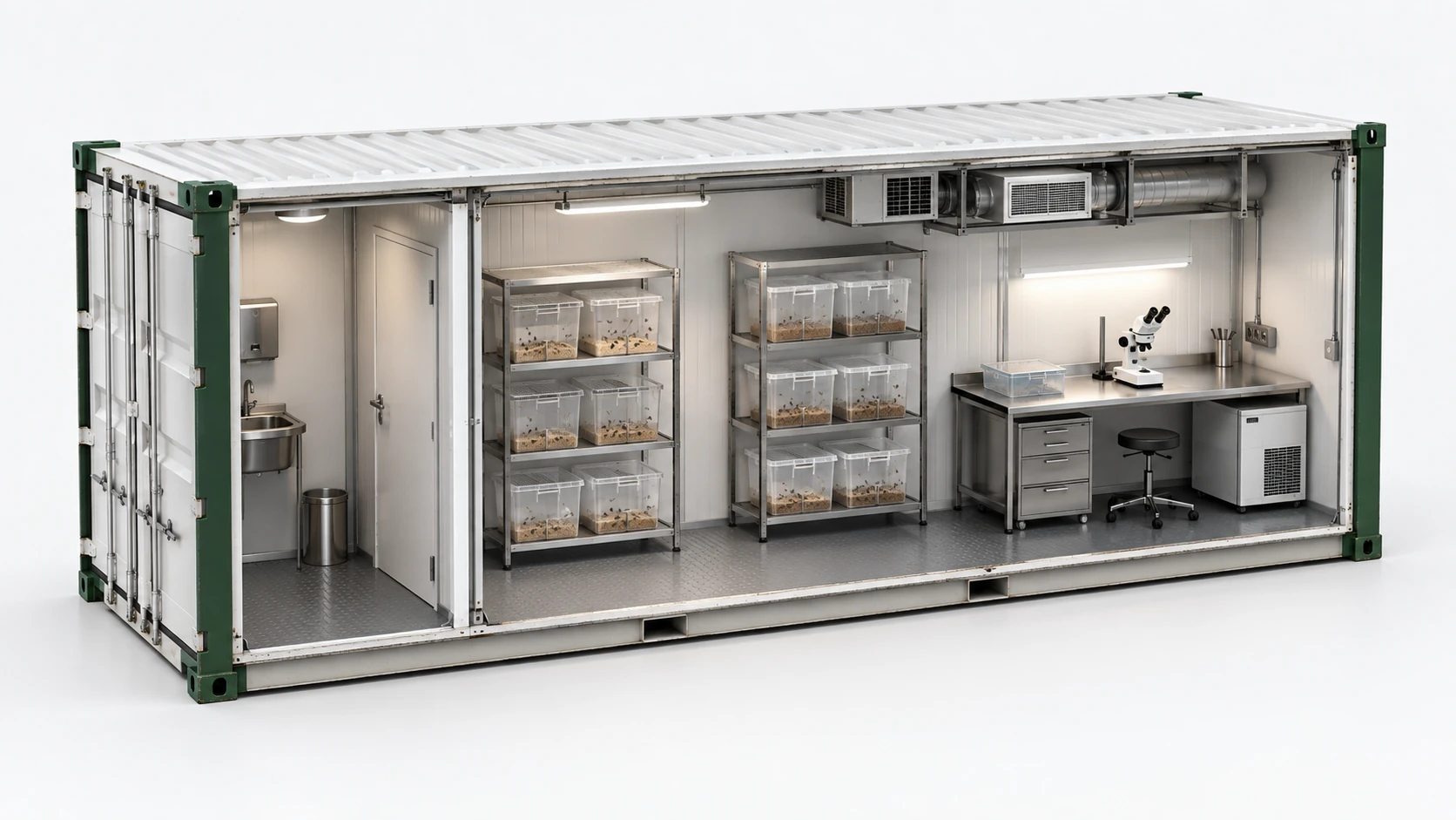BioLab cutaway: hygienic entry on the left, culture shelves in the centre and a microscope workbench on the right.