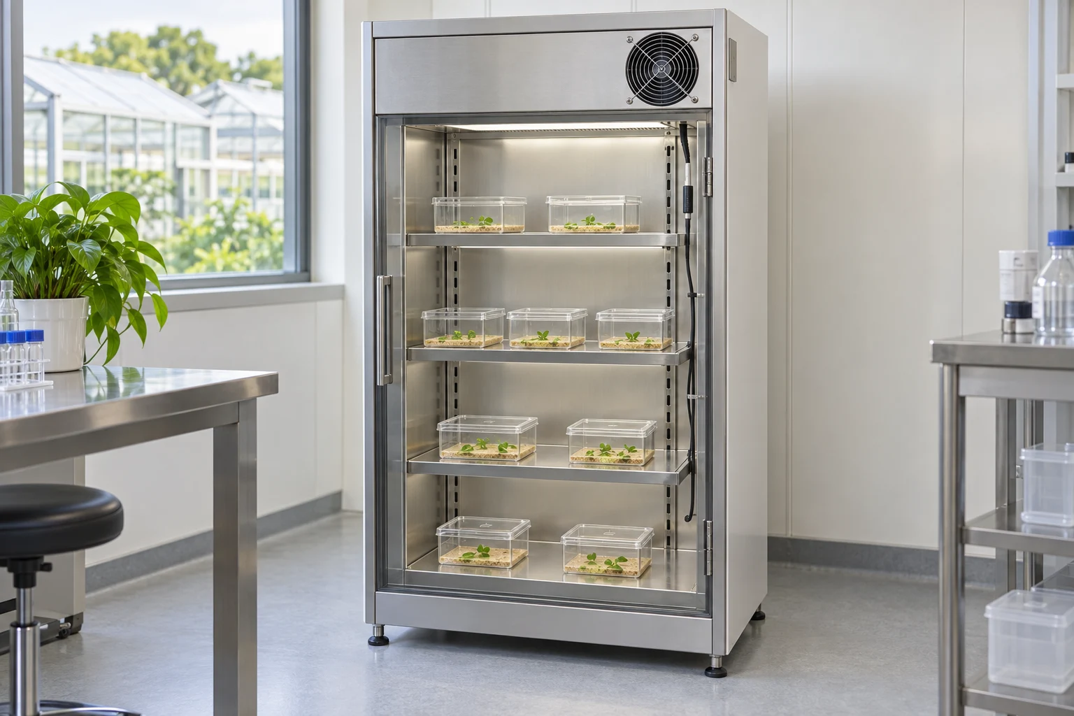 Concept illustration of culture racks, transparent culture containers, climate sensors and a ventilation unit in a biological laboratory