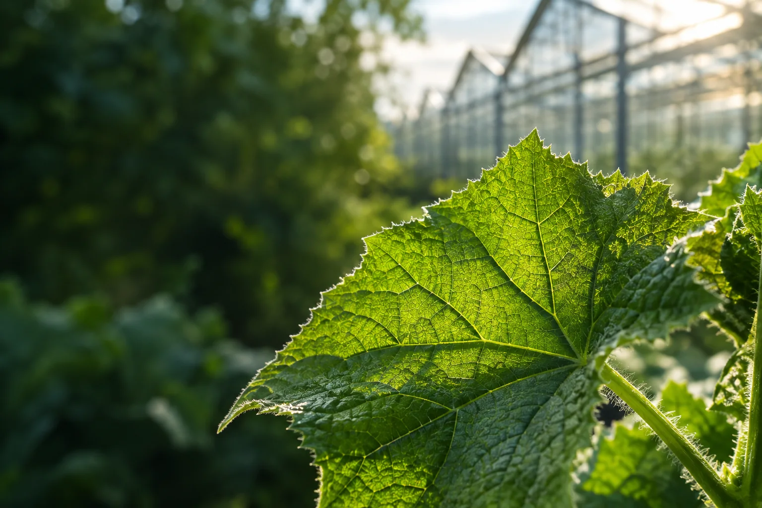 Une feuille éclairée par le soleil et une serre, une évocation du monde du biocontrôle