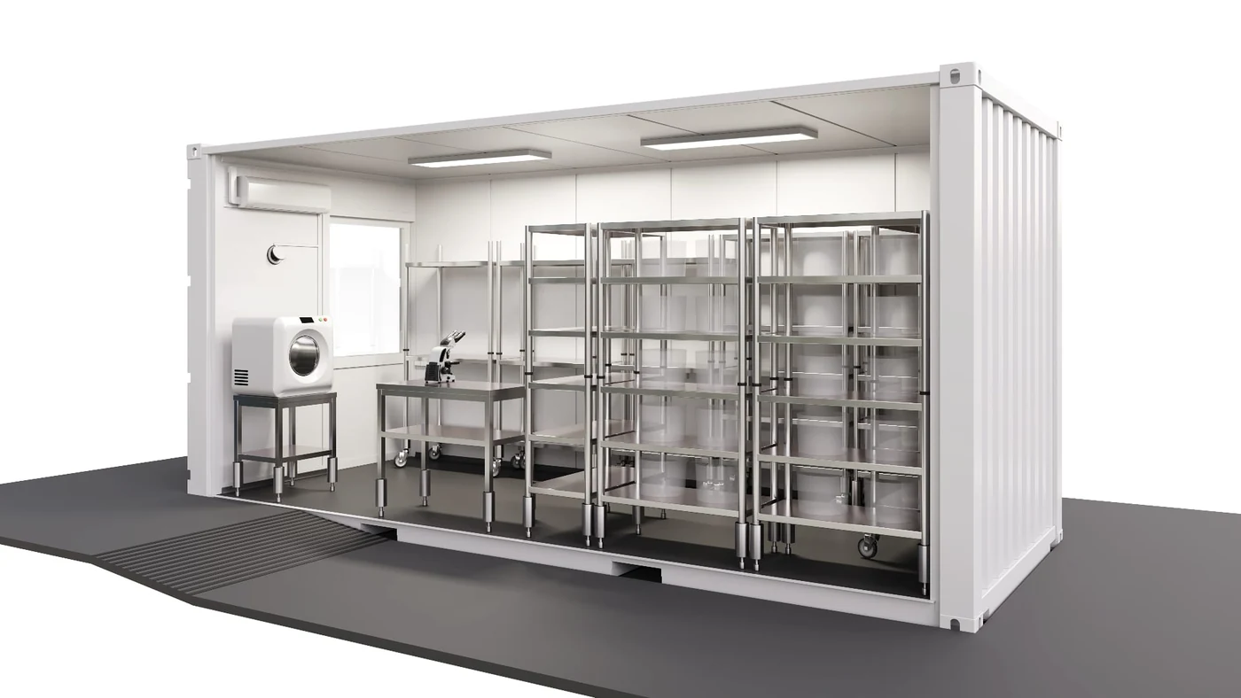 Rendu conceptuel officiel d’un module BioLab de 20 pieds avec rayonnages d’élevage et espace de contrôle qualité
