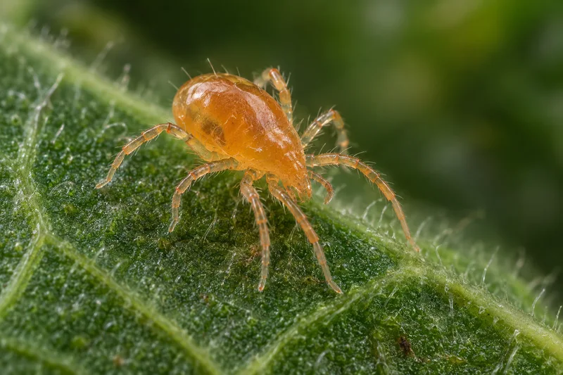 Illustrative macro view of a predatory mite on a leaf.