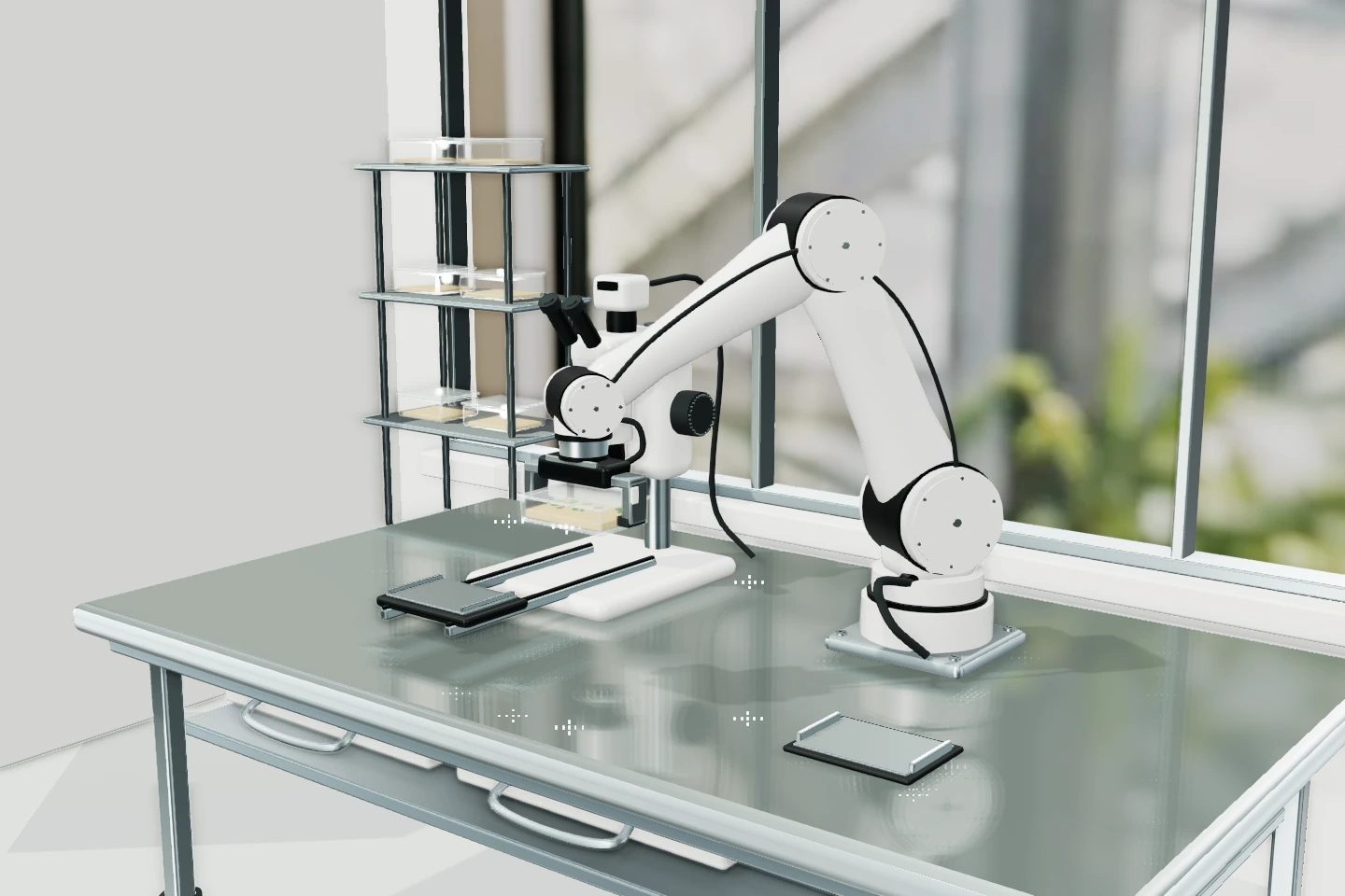 Robotic handling is a concept. The microscopy shown inside it comes from the real archive.